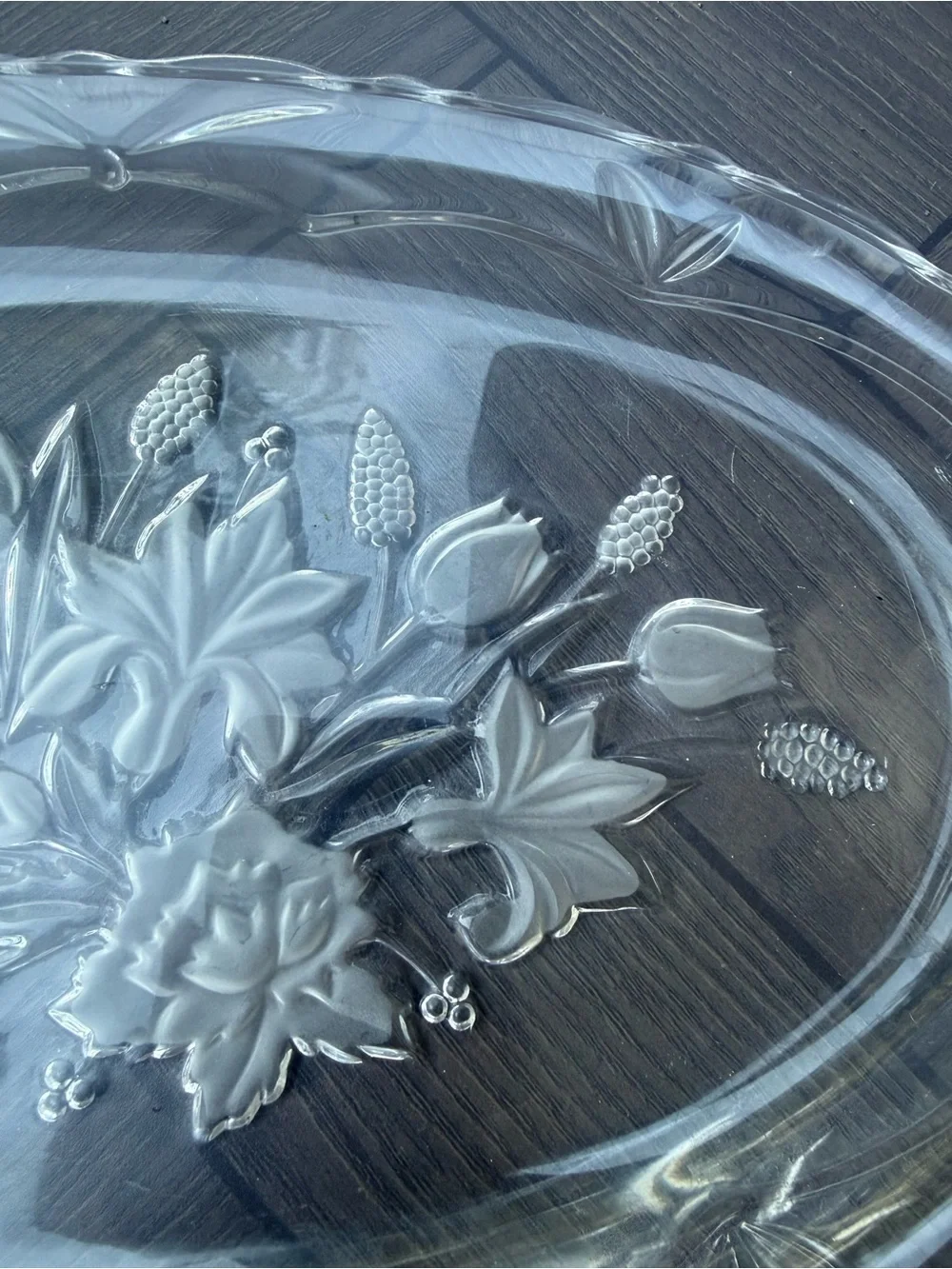 Vintage Clear Glass Oval Platter Frosted Floral Tulip Daffodil Serving Dish 16x9